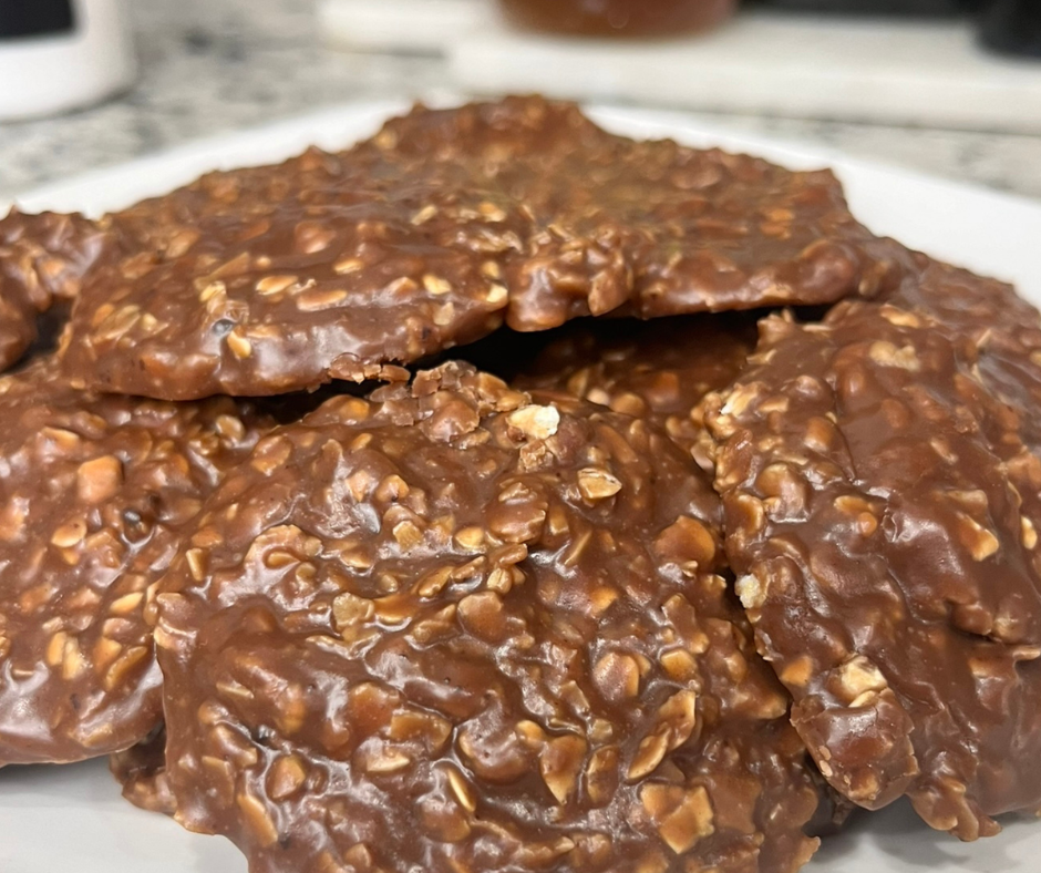 Homemade chocolate peanut butter no-bake cookies with oats arranged on a plate