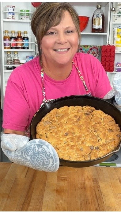 chocolate chip skillet cookie in a cast iron pan