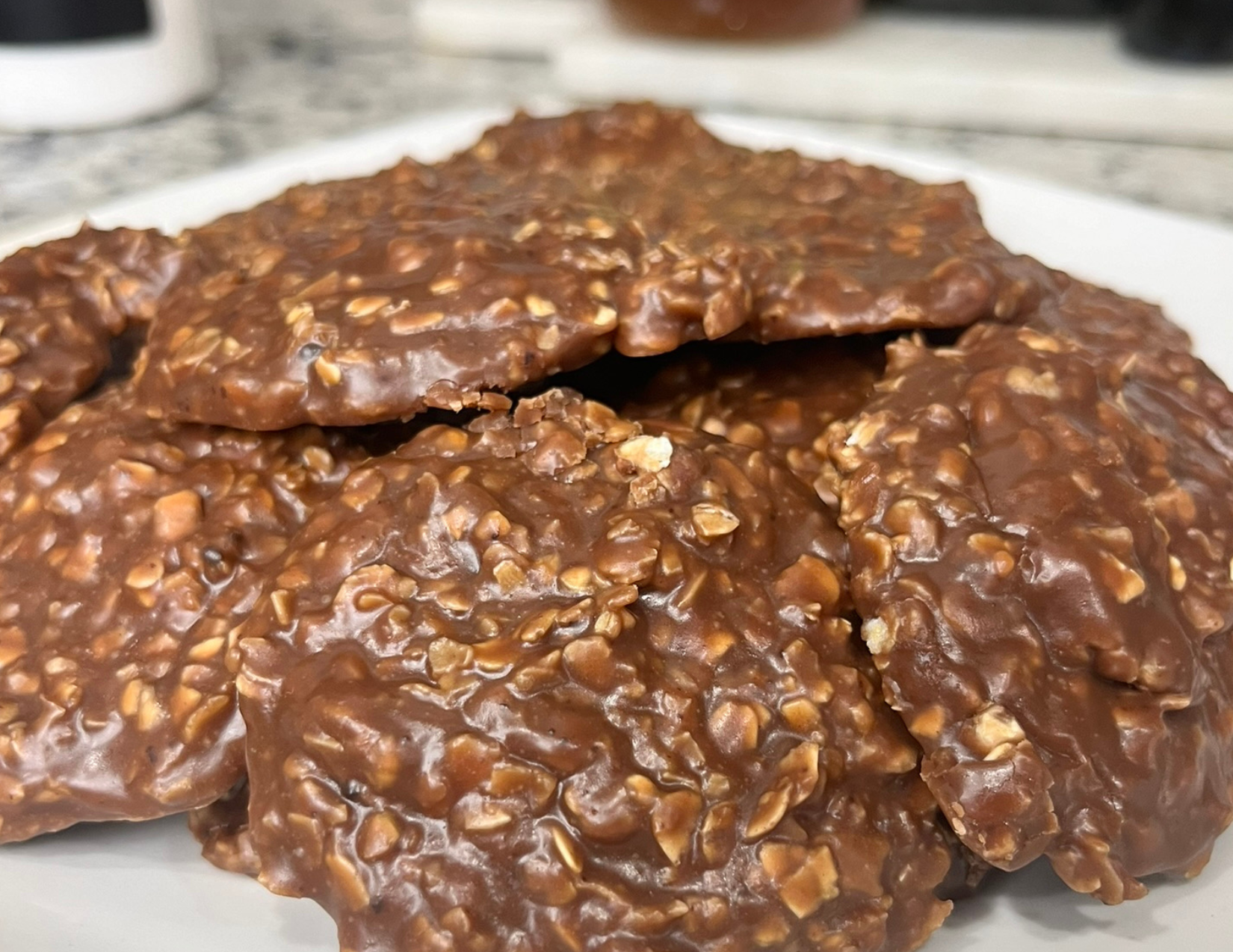 No-bake cookies with oats, chocolate, and peanut butter, ready to eat.
